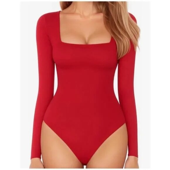 Mangopop Bodysuit M Medium Red Square Neck Long Sleeve Top NWT - Picture 2 of 5